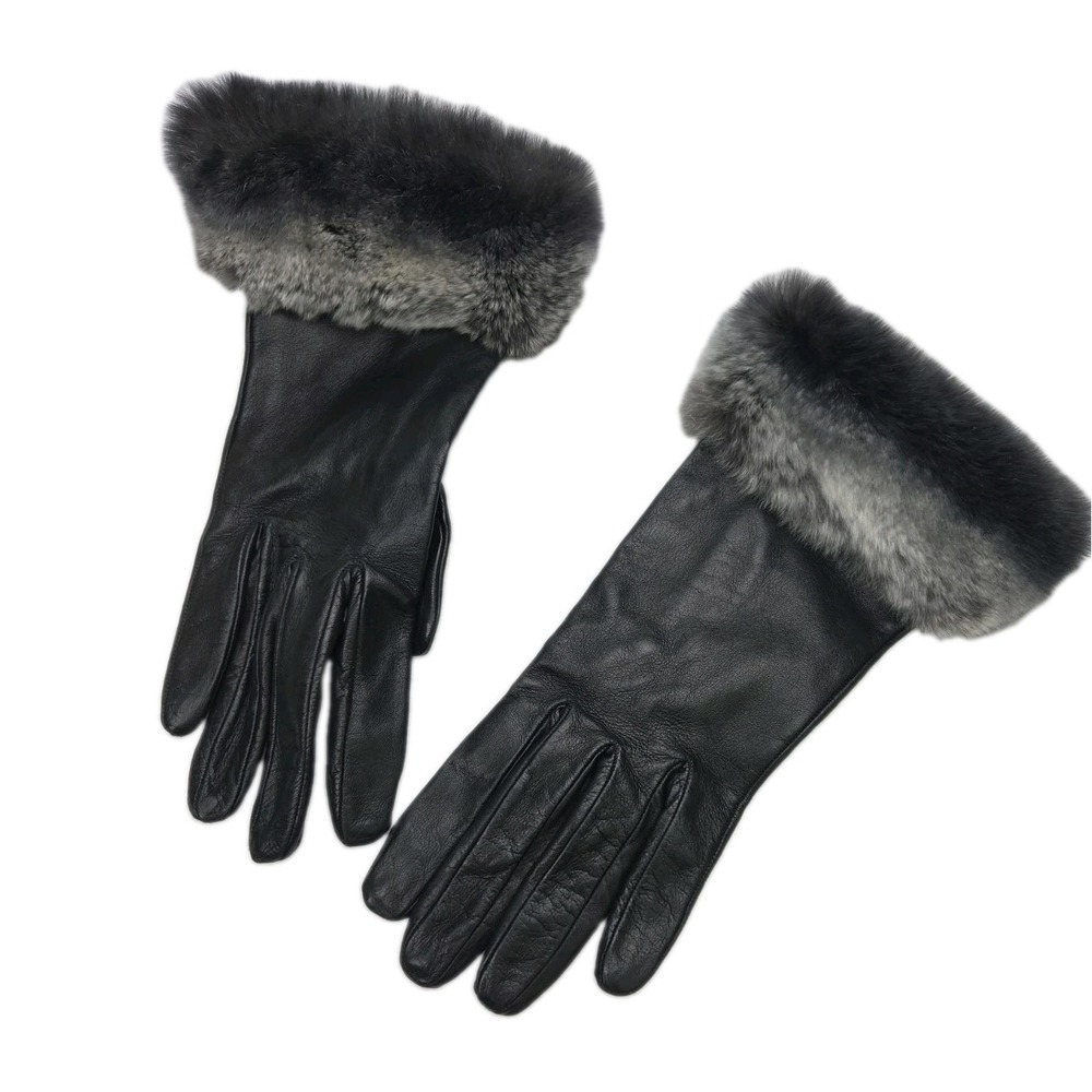 Black Leather Gloves Italy Fur Trim 100% Silk Lining Size M Women's Vintage